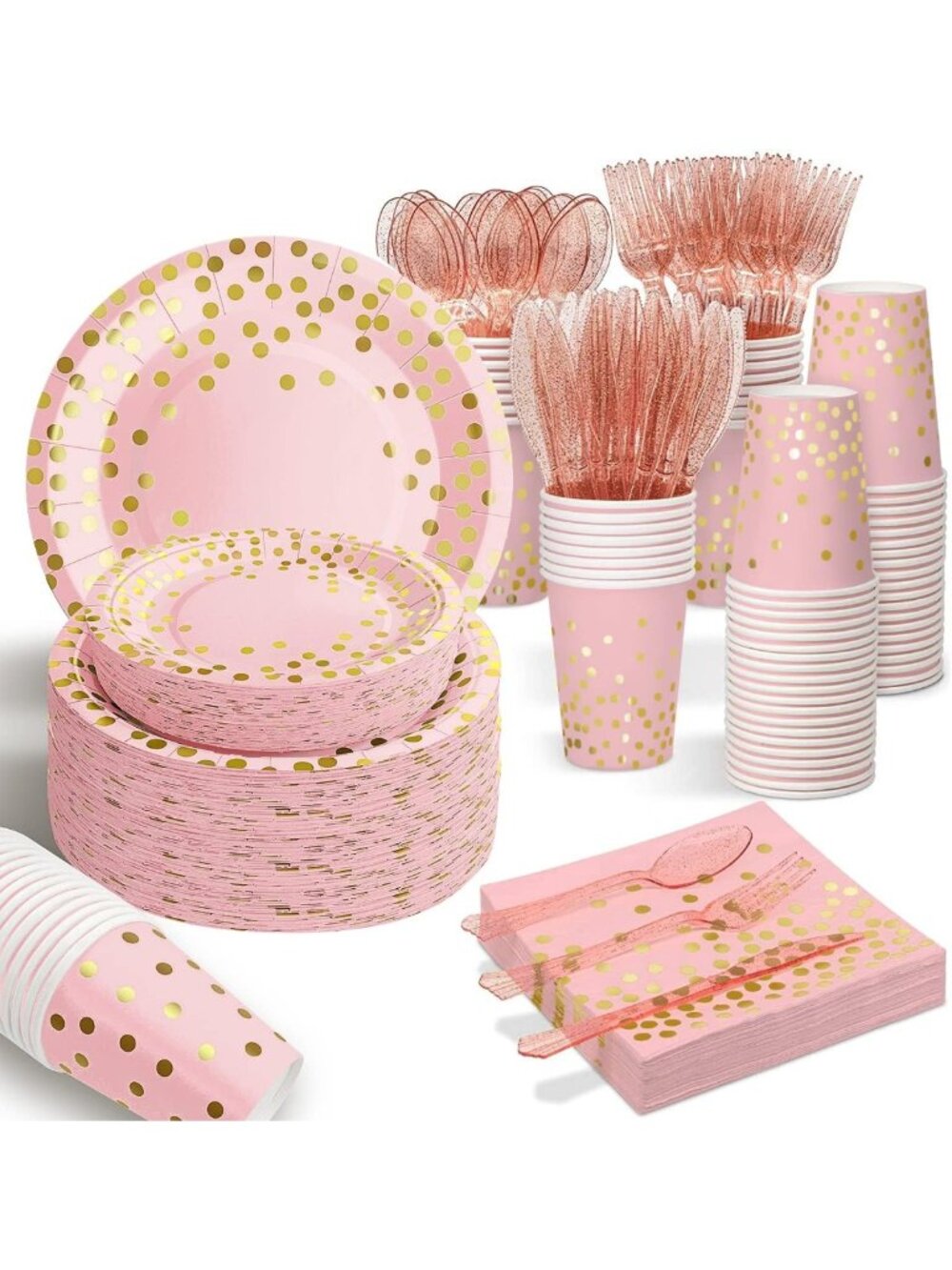 Elegant Pink Gold Disposable Paper Plates Set - 175 PCS for 25 Guests Party
